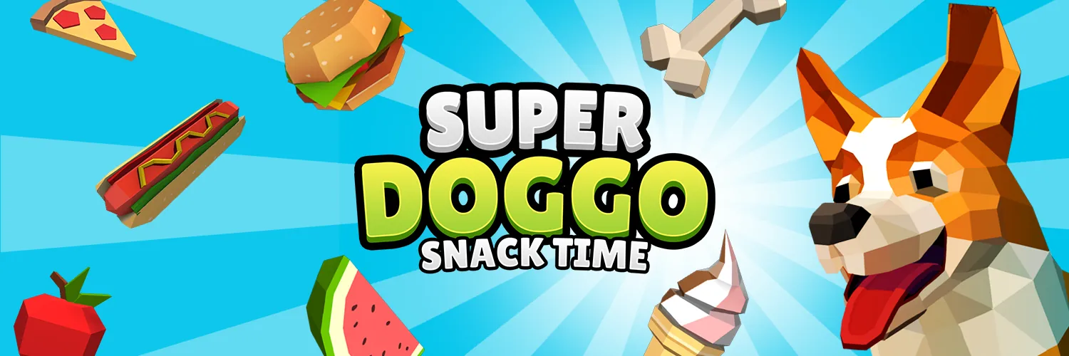 Super Doggo Snack Time key art: a corgi in a party hat catching snacks