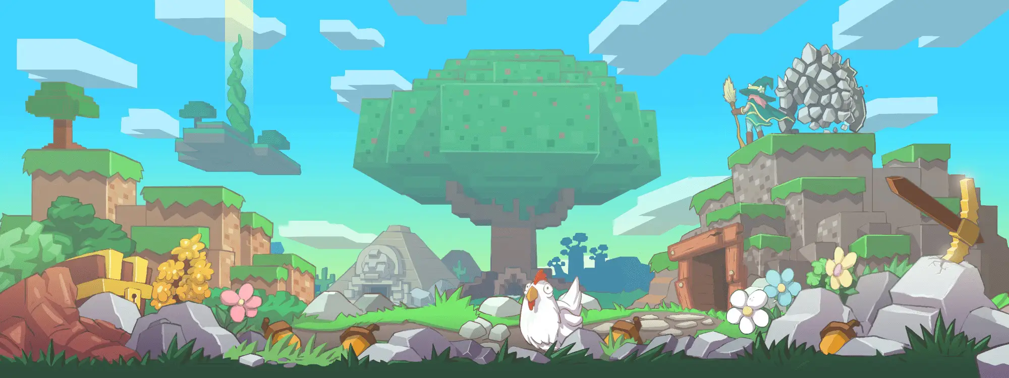 MergeCrafter key art: the pixel-block world of Runaria