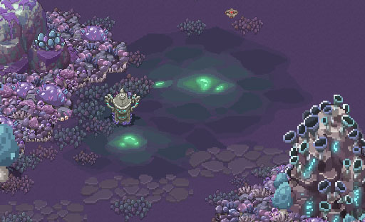 Mirelight Hollow within Violet Forest, with green light glowing in a rocky clearing