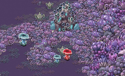 Violet Forest Drop Zone, with luminous mushrooms and violet growths surrounding ancient stone
