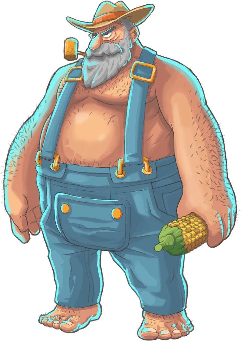 Bubba, a bearded farmer in blue overalls with an ear of corn