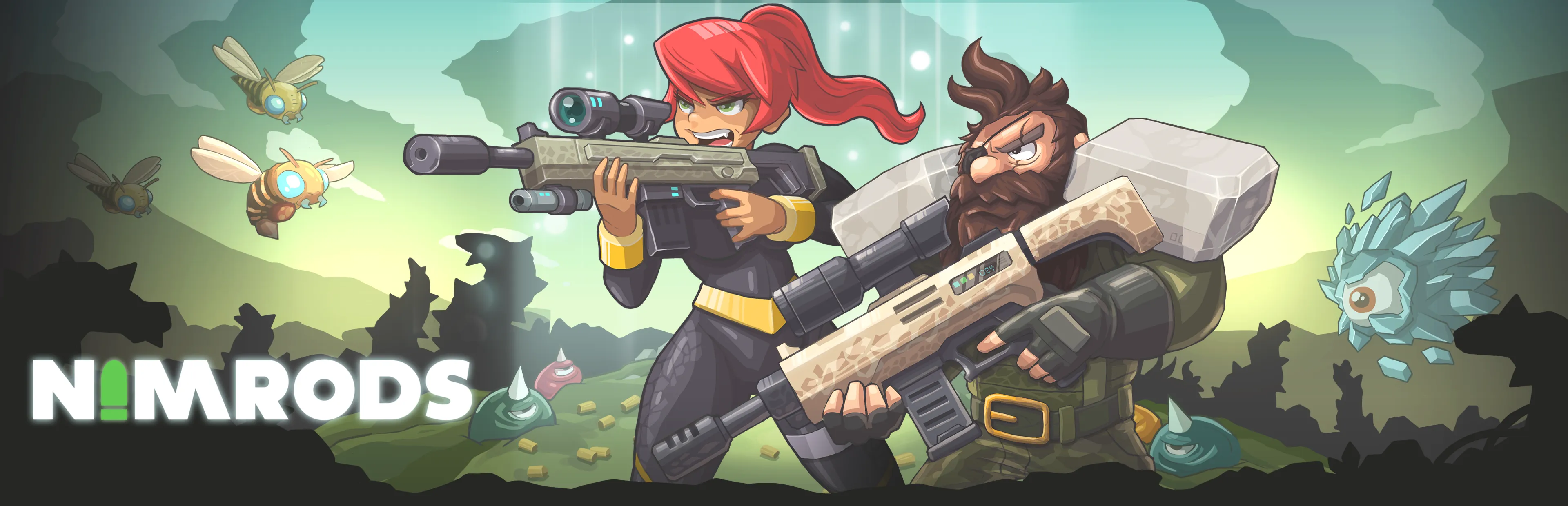 NIMRODS key art: two clones with crafted rifles on an alien planet