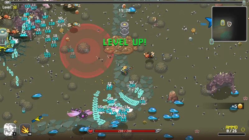 A level-up mid-run surrounded by damage numbers and enemies