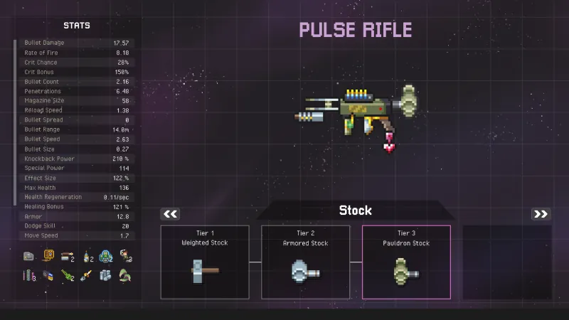 The gun crafting screen showing a Pulse Rifle and stock tiers