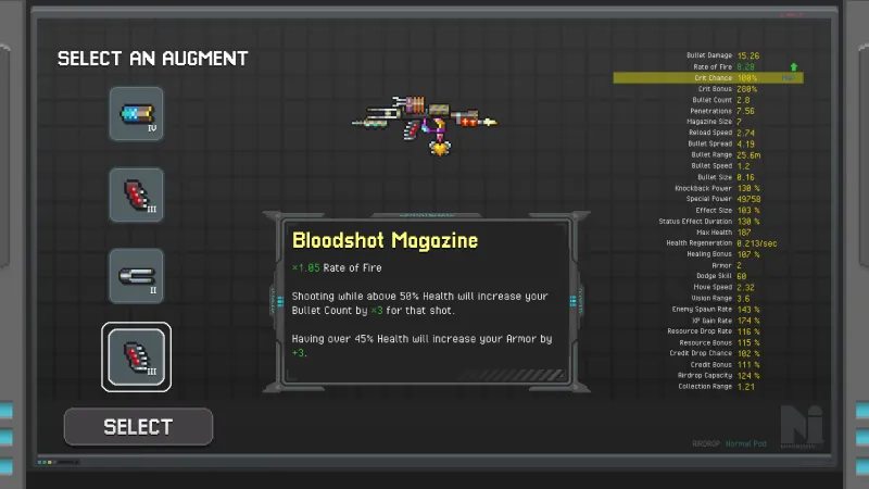 Choosing an augment with a full weapon stat sheet