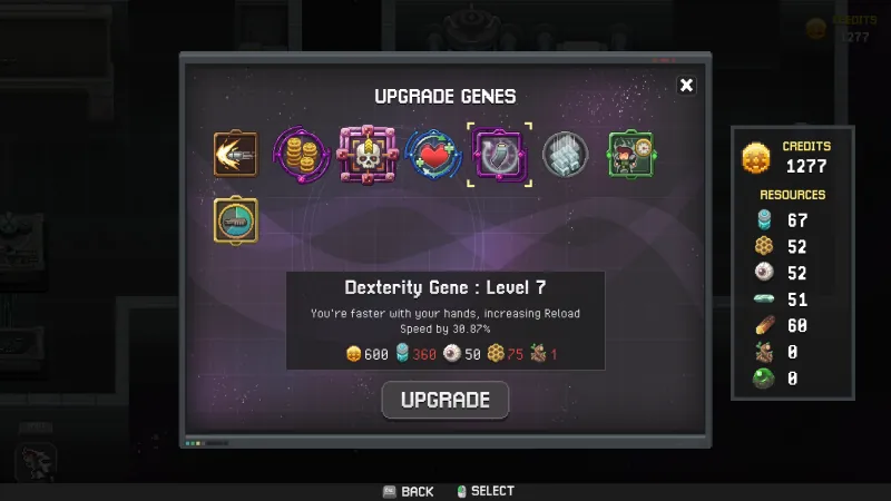 The Upgrade Genes screen on the homeship