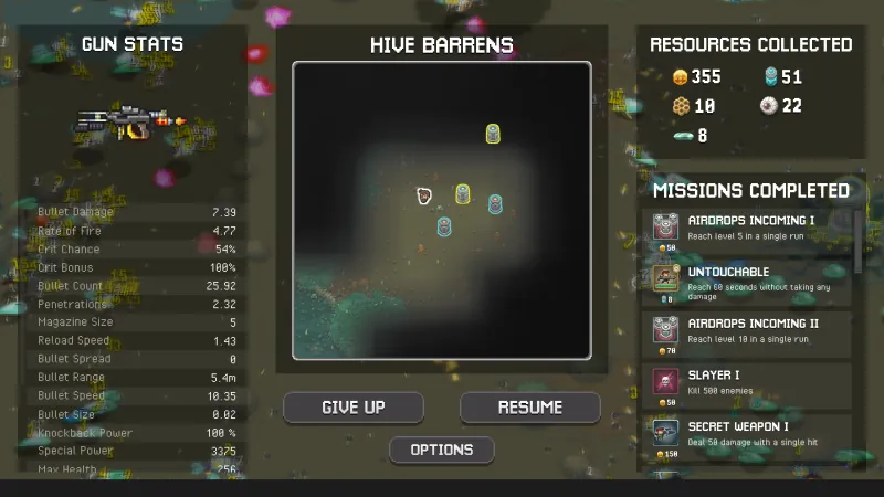 Run summary with resources collected and missions completed