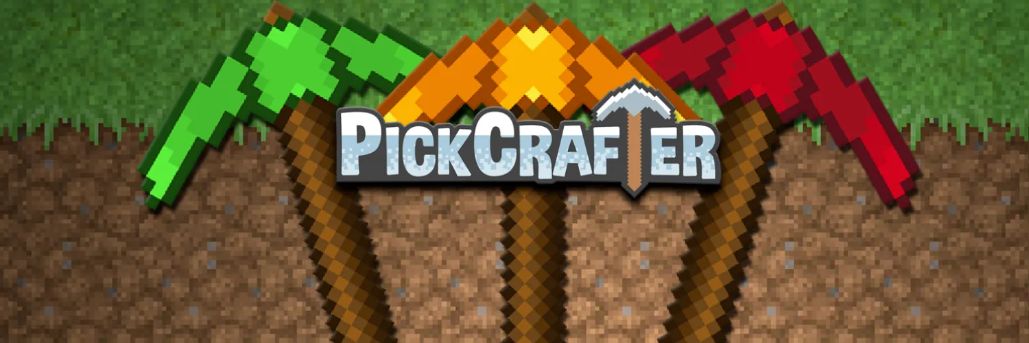 PickCrafter key art: colorful pickaxes over a block-built mine